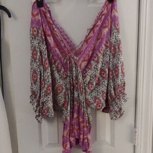 Bohemian V-Neck Blouse - Purple and Red